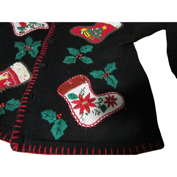 Vintage Victoria Jones Christmas Sweater Med Black Stocking Holly Applique GUC - Picture 3 of 9